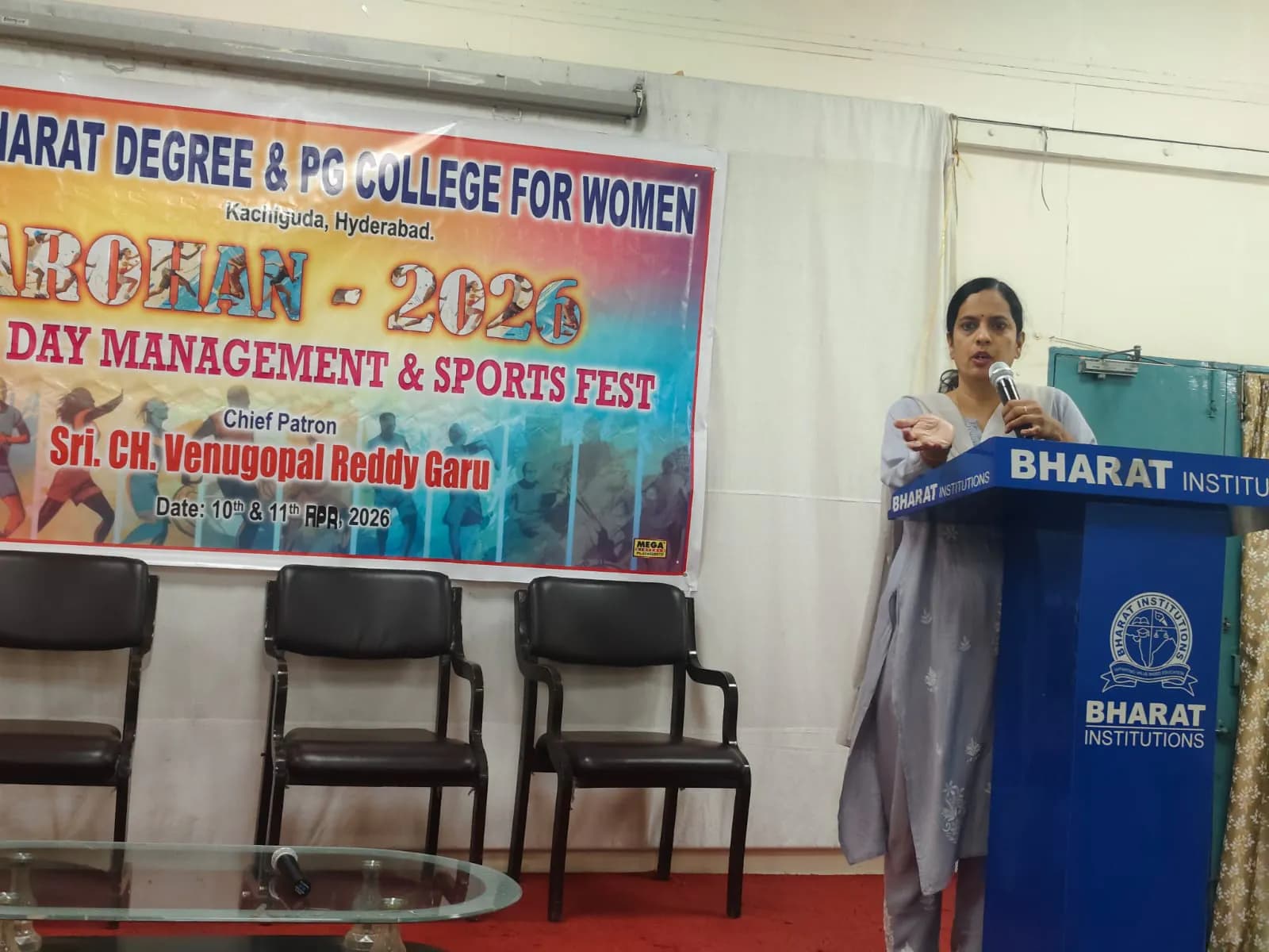Faculty speaking at the Aarohan annual management and sports fest